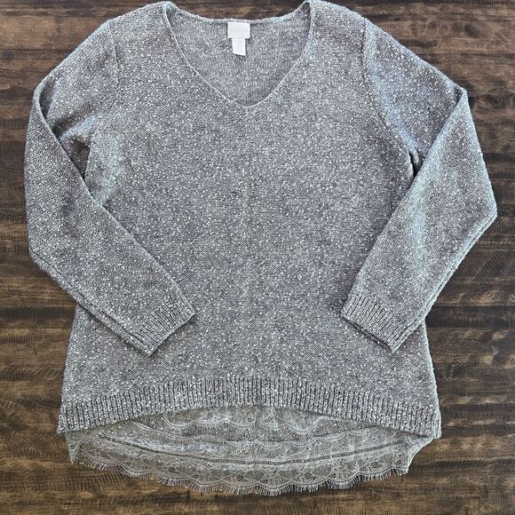 Chicos Sz 2/L Samantha Shine Womens V-Neck Sweater Gray Silver Sequins Lace Hem - Picture 3 of 14